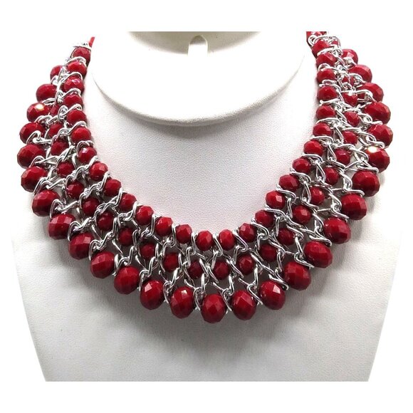 Amrita Singh Cleo Red Beaded Bib Necklace, Vintage Multi Strand with Fabulous - Picture 1 of 5